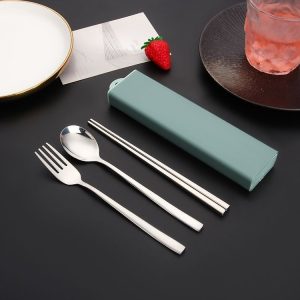 3pcs / set 316 Stainless Steel Portable Tableware Drawing Spoon Chopsticks Fork (Cyan)