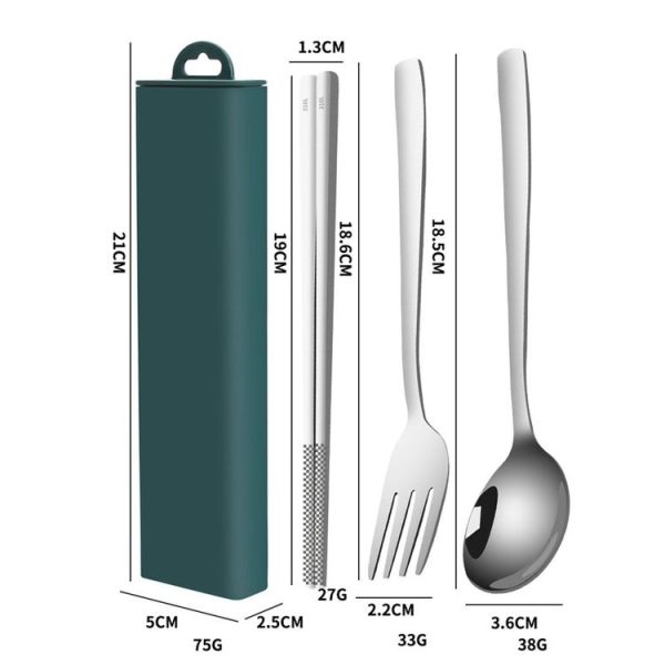 3pcs / set 316 Stainless Steel Portable Tableware Drawing Spoon Chopsticks Fork (Cyan) - Image 2