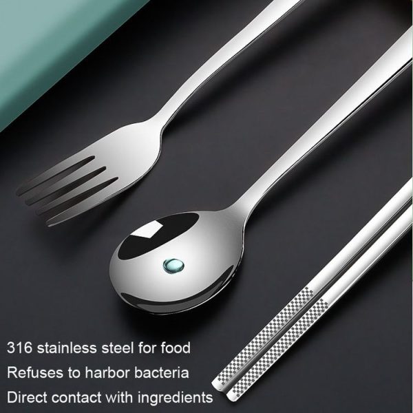 3pcs / set 316 Stainless Steel Portable Tableware Drawing Spoon Chopsticks Fork (Cyan) - Image 3