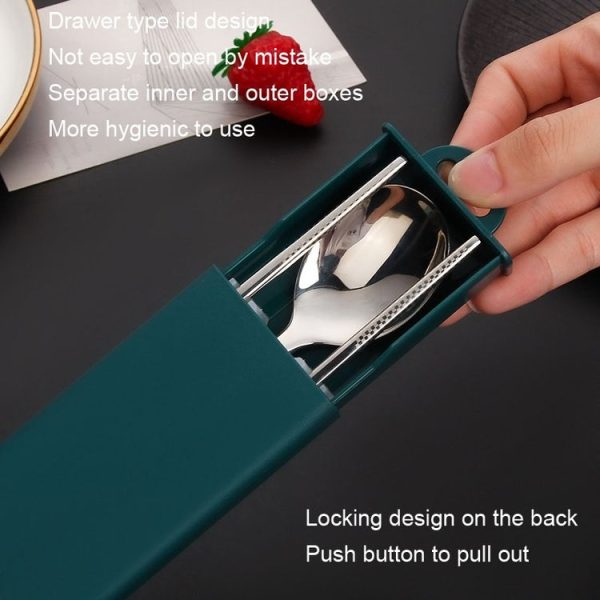 3pcs / set 316 Stainless Steel Portable Tableware Drawing Spoon Chopsticks Fork (Cyan) - Image 7