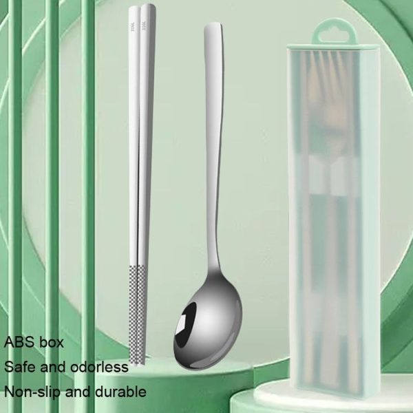 3pcs / set 316 Stainless Steel Portable Tableware Drawing Spoon Chopsticks Fork (Cyan) - Image 9