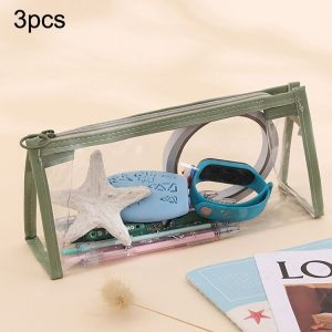 3pcs PVC Student Stationery Storage Transparent Pencil Bag Exam Transparent Zipper Pencil Bag (Green)