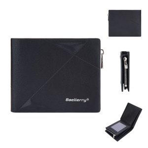 Baellerry Men Short Multi-Card Wallet Large Capacity Leather Zip Coin Purse (Black)