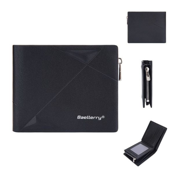 Baellerry Men Short Multi-Card Wallet Large Capacity Leather Zip Coin Purse (Black)