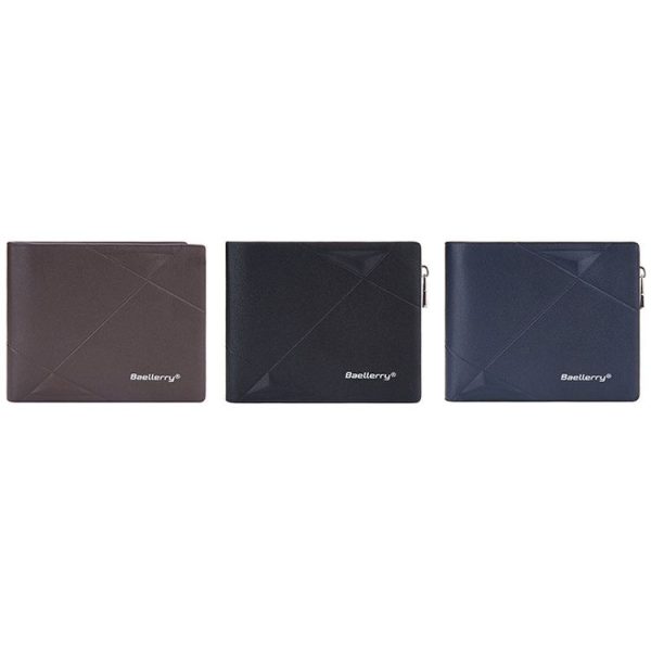 Baellerry Men Short Multi-Card Wallet Large Capacity Leather Zip Coin Purse (Black) - Image 2