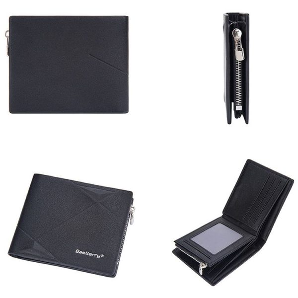 Baellerry Men Short Multi-Card Wallet Large Capacity Leather Zip Coin Purse (Black) - Image 3