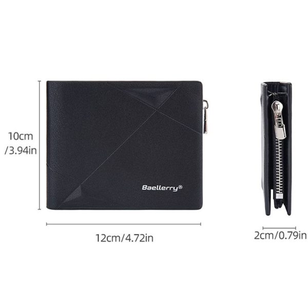 Baellerry Men Short Multi-Card Wallet Large Capacity Leather Zip Coin Purse (Black) - Image 4