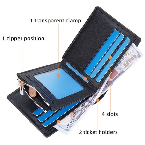 Baellerry Men Short Multi-Card Wallet Large Capacity Leather Zip Coin Purse (Black) - Image 5