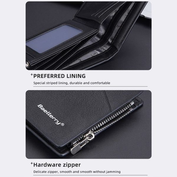 Baellerry Men Short Multi-Card Wallet Large Capacity Leather Zip Coin Purse (Black) - Image 6