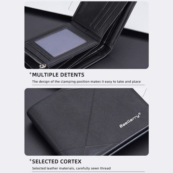 Baellerry Men Short Multi-Card Wallet Large Capacity Leather Zip Coin Purse (Black) - Image 7