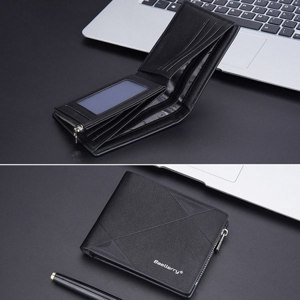 Baellerry Men Short Multi-Card Wallet Large Capacity Leather Zip Coin Purse (Black) - Image 8