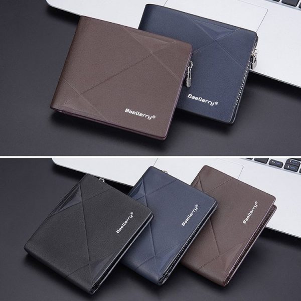 Baellerry Men Short Multi-Card Wallet Large Capacity Leather Zip Coin Purse (Black) - Image 9