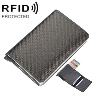 Baellerry RFID Anti-theft Plaid Leather Wallet Metal Aluminum Box Automatic Eject Type Card Holder (Dark Brown)