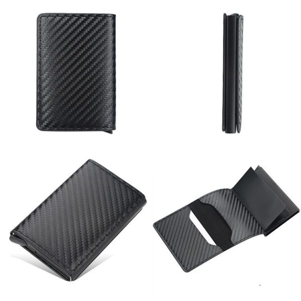 Baellerry RFID Anti-theft Plaid Leather Wallet Metal Aluminum Box Automatic Eject Type Card Holder (Dark Brown) - Image 4