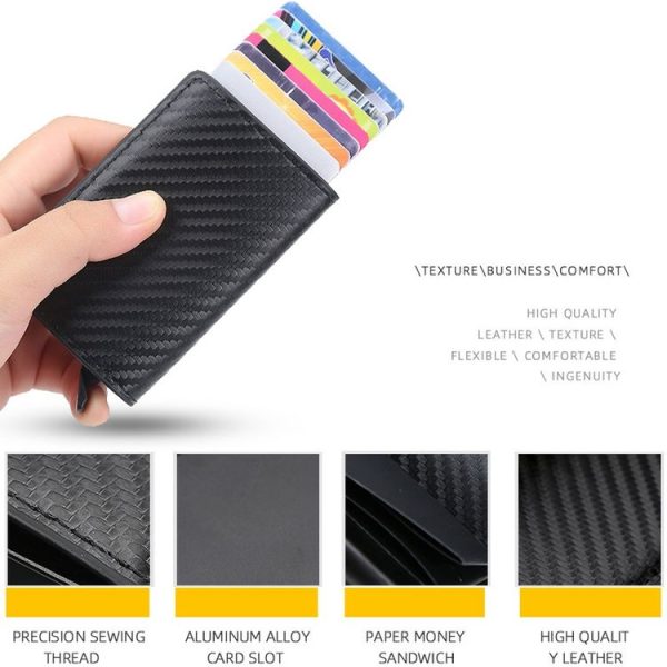 Baellerry RFID Anti-theft Plaid Leather Wallet Metal Aluminum Box Automatic Eject Type Card Holder (Dark Brown) - Image 5