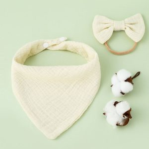 Baby Cotton Gauze Drool Towel + Bow Hairband Set Baby Bibs (Beige)