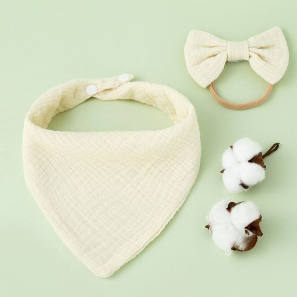 Baby Cotton Gauze Drool Towel + Bow Hairband Set Baby Bibs (Beige)
