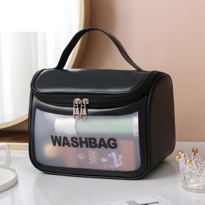PVC Translucent Cosmetic Bag Frosted Toiletry Bag PU Flip Top Bath Bag (Black)