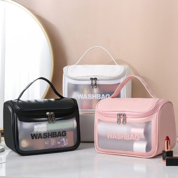 PVC Translucent Cosmetic Bag Frosted Toiletry Bag PU Flip Top Bath Bag (Black) - Image 2