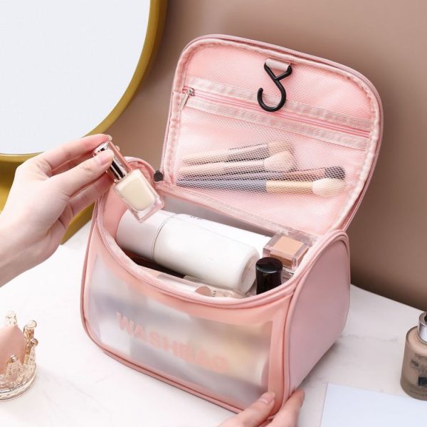PVC Translucent Cosmetic Bag Frosted Toiletry Bag PU Flip Top Bath Bag (Black) - Image 3