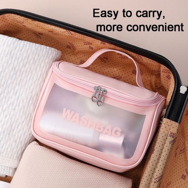 PVC Translucent Cosmetic Bag Frosted Toiletry Bag PU Flip Top Bath Bag (Black) - Image 4