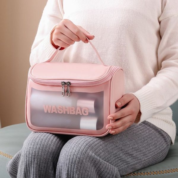 PVC Translucent Cosmetic Bag Frosted Toiletry Bag PU Flip Top Bath Bag (Black) - Image 6