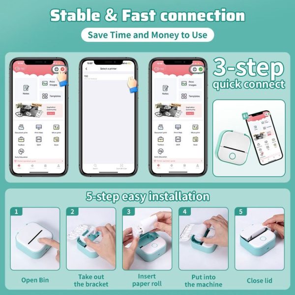 Phomemo T02 Standard Error Mini Pocket Small Portable Bluetooth Phone Photo Label Thermal Printer (White Green) - Image 9