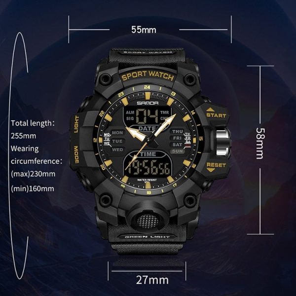 SANDA Green Light Alarm Clock Multifunctional Waterproof Shockproof Transparent Watch (Black Orange) - Image 3