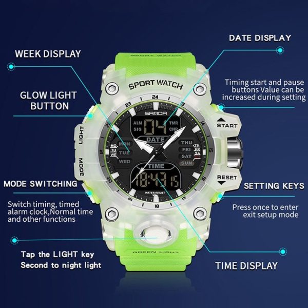 SANDA Green Light Alarm Clock Multifunctional Waterproof Shockproof Transparent Watch (Black Orange) - Image 4