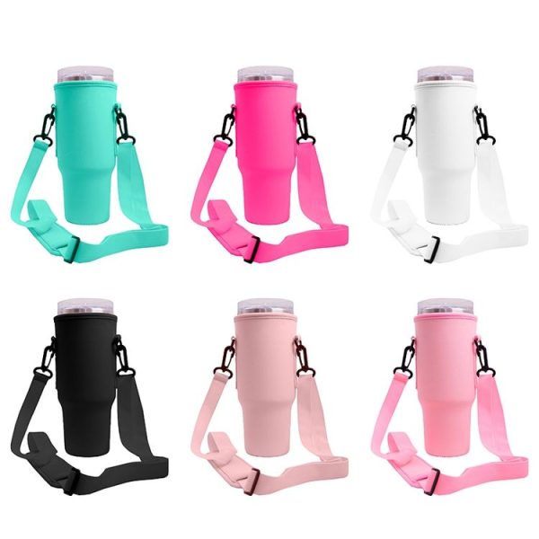 40oz Stanley Quencher Water Bottle Carrier Bag Sleeve With Adjustable Shoulder Strap (Black) - Image 2