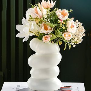 Plastic Spiral Wet & Dry Flower Vase Imitation Glaze Porcelain Flower Arrangement (White)