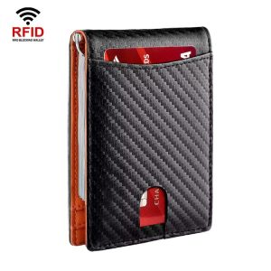 RFID Anti-Theft Brush Leather Multi Card Pocket Coin Wallet Credit Card Case (Carbon Fiber+Orange Inside)