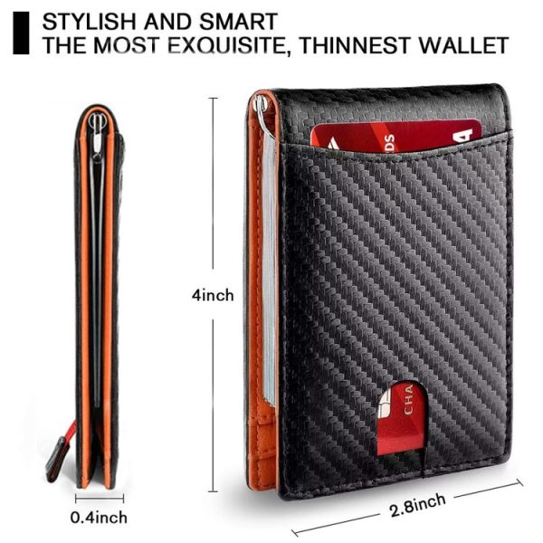 RFID Anti-Theft Brush Leather Multi Card Pocket Coin Wallet Credit Card Case (Carbon Fiber+Orange Inside) - Image 2