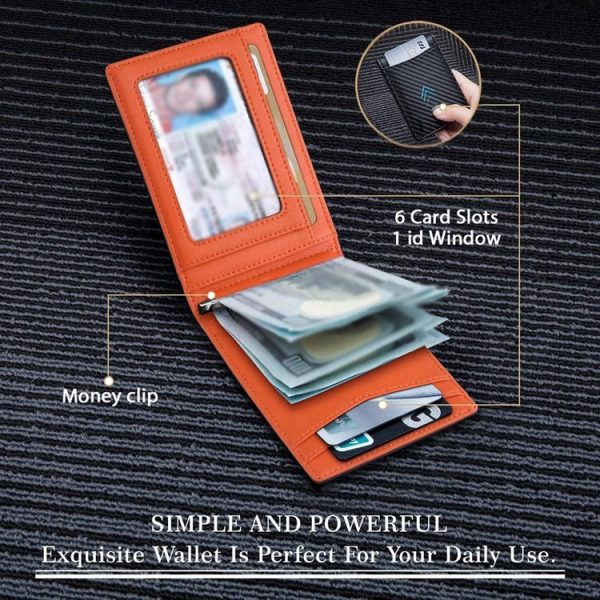 RFID Anti-Theft Brush Leather Multi Card Pocket Coin Wallet Credit Card Case (Carbon Fiber+Orange Inside) - Image 4