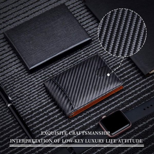 RFID Anti-Theft Brush Leather Multi Card Pocket Coin Wallet Credit Card Case (Carbon Fiber+Orange Inside) - Image 5