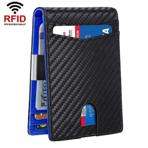 RFID Anti-Magnetic And Anti-Theft Leather Multi-Card Credit Card Wallet Coin Purse (Carbon Fiber Black+Blue Inner)