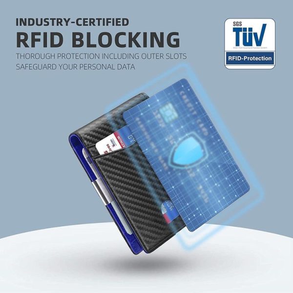 RFID Anti-Magnetic And Anti-Theft Leather Multi-Card Credit Card Wallet Coin Purse (Carbon Fiber Black+Blue Inner) - Image 2