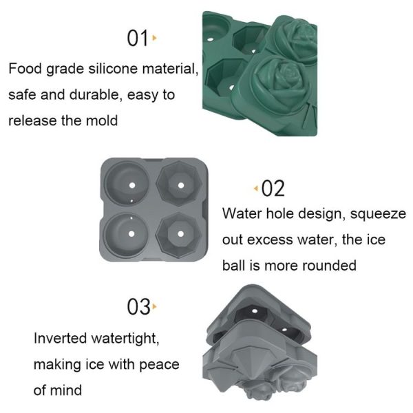 4-Holes Rose Diamond Shape Cocktail Ice Cube Molds Silicone Ice Ball Maker, Color: Grey - Image 11
