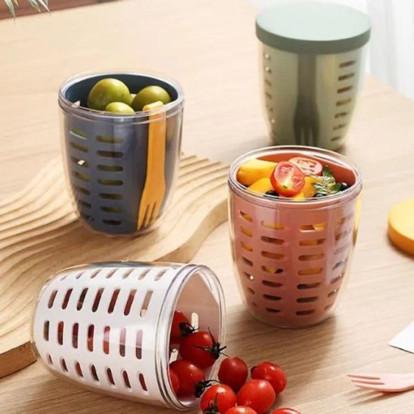 600ml Fruit and Veggie Snack Cup with Lid and Fork Airtight Leak-proof Salad Box (White) - Image 2