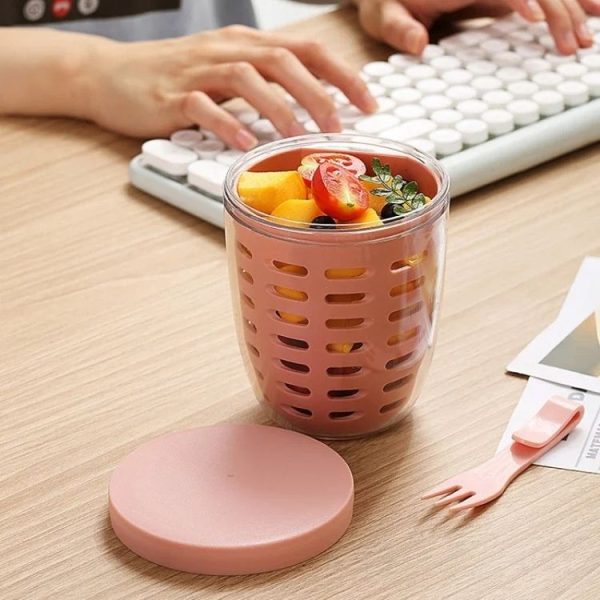 600ml Fruit and Veggie Snack Cup with Lid and Fork Airtight Leak-proof Salad Box (White) - Image 7