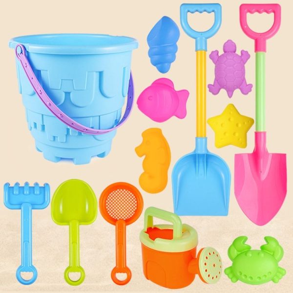 13pcs / Set Children Beach Toys Set Large Sand Shovel Bucket Sand Digging Tools Hourglass, Color: Blue Round Castle