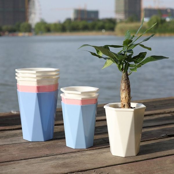 Diamond-shaped Automatic Water-absorbing Lazy Flower Pot Green Plant Plastic Pot 12cm x 14cm (White) - Image 5