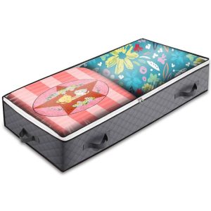Non-Woven Fabric Foldable Underbed Storage Bag For Clothes Blankets And Shoes 100x50x15cm (4 Handles Deep Gray)