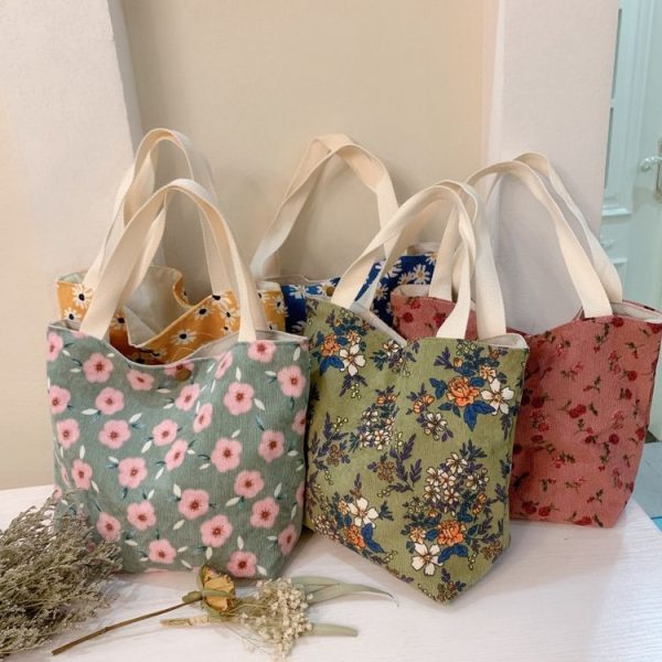 Retro Floral Bag Casual Tote Large Capacity Corduroy Handbag, Style: Cherry - Image 3