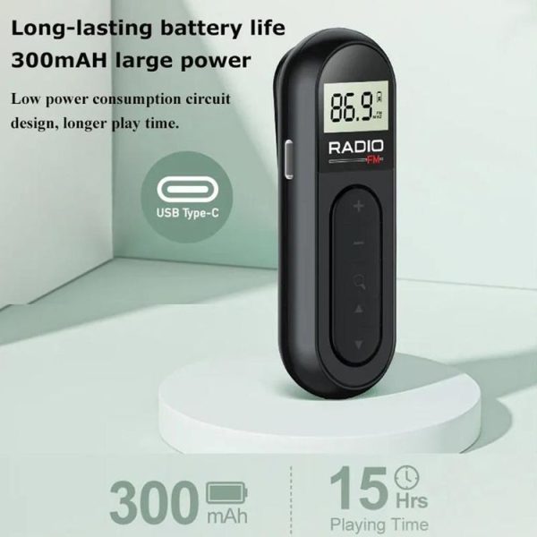 Mini Pocket FM Radio Collar Clip Style Rechargeable Walkman For Conference Tour Guide Horse Racing (Black) - Image 8