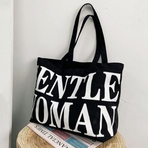 Women Printed Letter Canvas Bag Single Shoulder Tote Bag (Black)