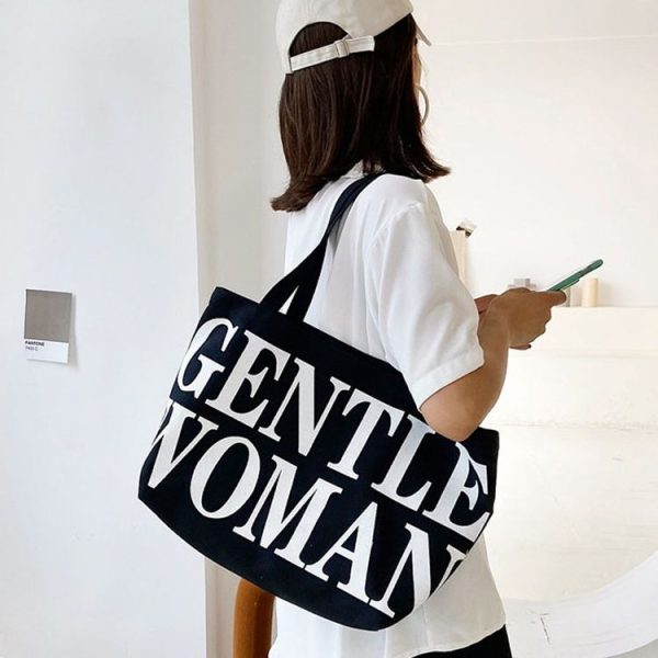 Women Printed Letter Canvas Bag Single Shoulder Tote Bag (Black) - Image 10