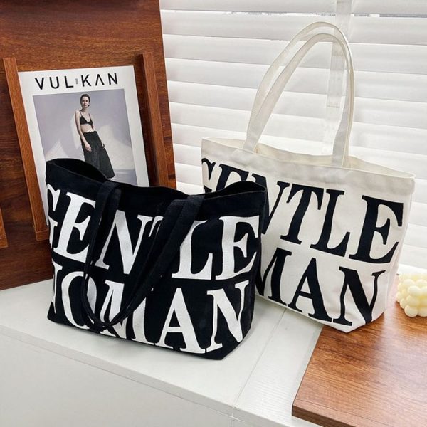 Women Printed Letter Canvas Bag Single Shoulder Tote Bag (Black) - Image 2