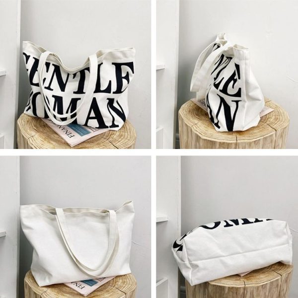 Women Printed Letter Canvas Bag Single Shoulder Tote Bag (Black) - Image 3