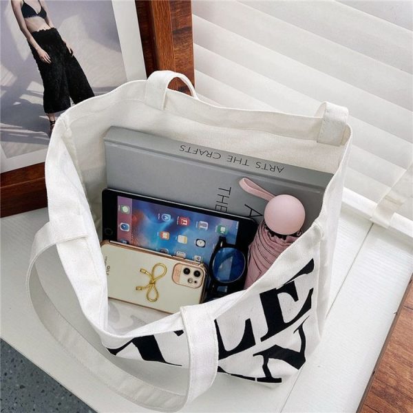 Women Printed Letter Canvas Bag Single Shoulder Tote Bag (Black) - Image 7
